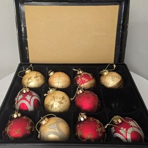 Set of 11 4" Glass Vintage Ornaments Red Gold Glitter Rhinestone Christmas Decor
